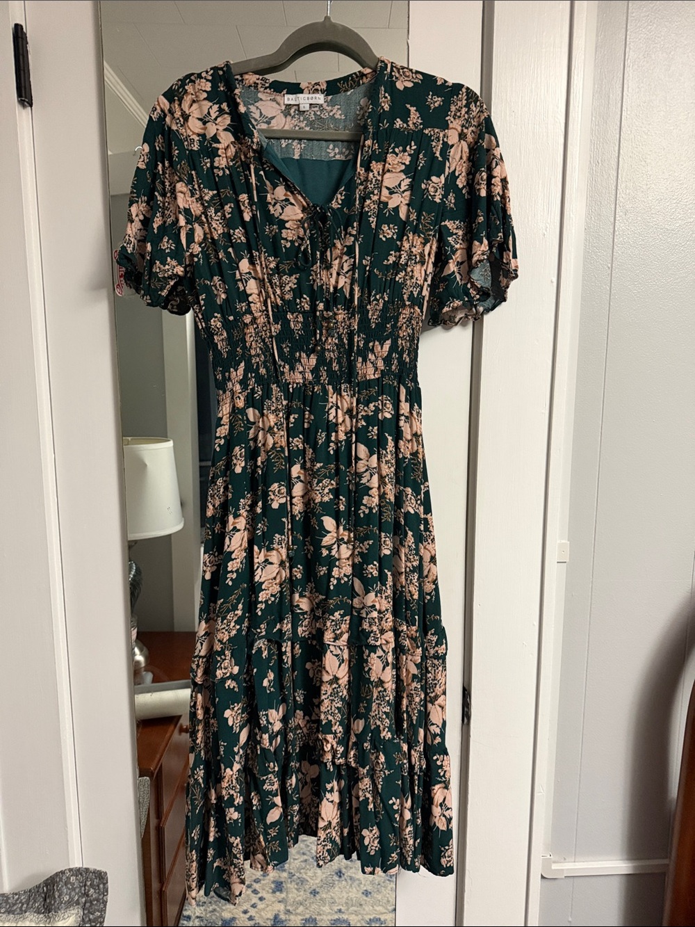 Floral Midi Dress in Dark Green and Blush by Baltic Born